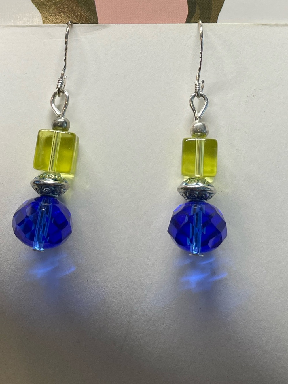 Blue and Lime Glass Bead Drop Earrings